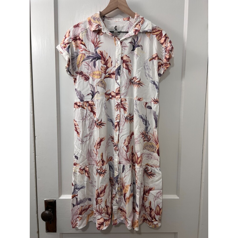 Cupio Women's Short Sleeve Floral Button Down Tiered Shirt Dress Rayon Size M